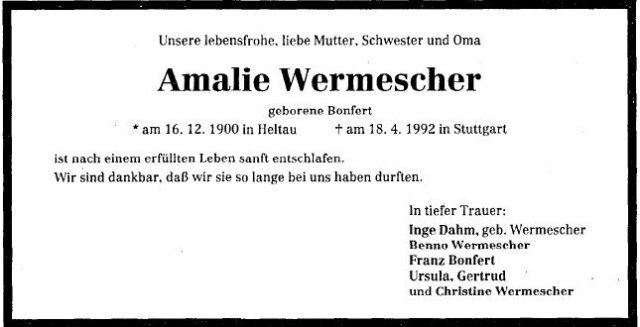 Bonfert Amalie 1900-1992 Todesanzeige